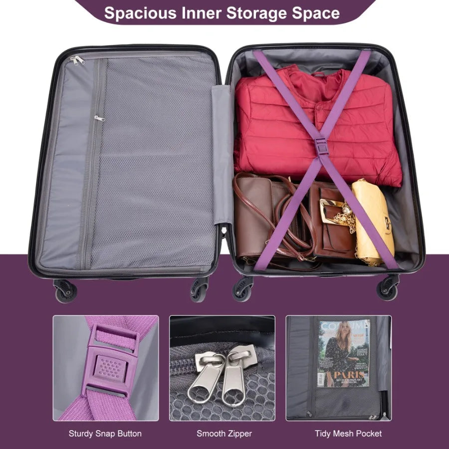 Expandable 3 Piece Luggage Sets PC Lightweight Durable Suitcase with Two Hooks Spinner Wheels TSA Lock 21 25 29 Dark Purple