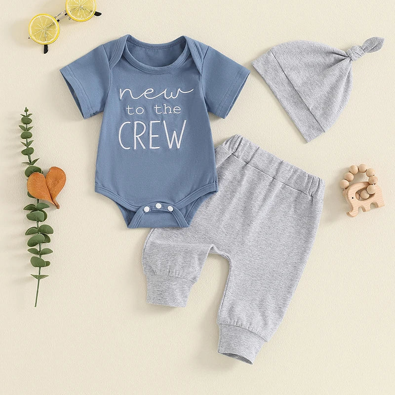 2024-05-05 Lioraitiin Baby Boy Summer Outfit Letter Embroidery Short Sleeve Romper with Solid Color Pants and Hat 3Pcs Set