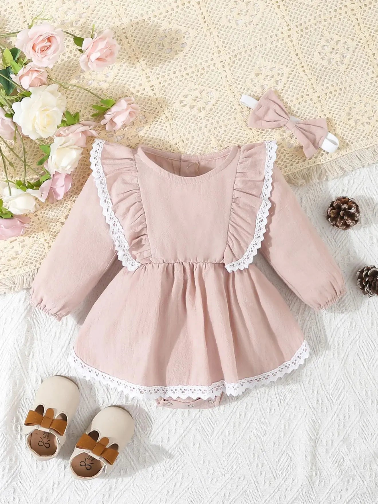 Baby Girl‘s  Clothes 2Pcs Cute Lace Ruffled Long Sleeve Cotton Dress  Headwear Toddler Girl's Clothing Outfit Set