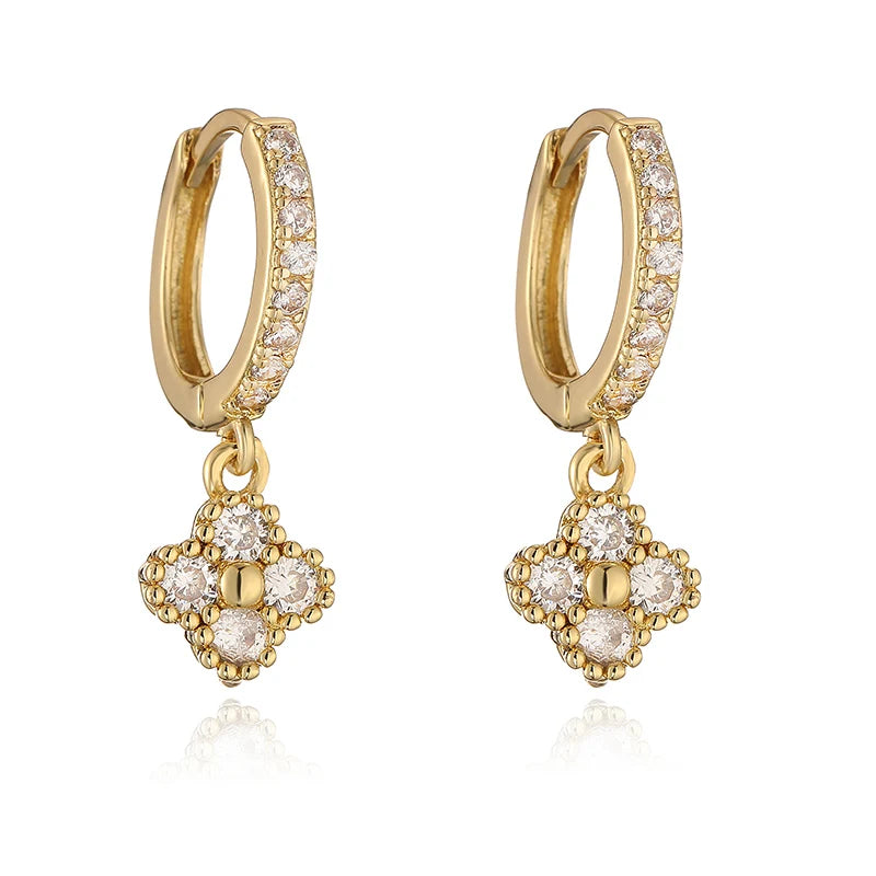 HECHENG Brass 18K Golden-Plated Crystal Zirconia Flower Dangle Earrings Perforated Ladies Jewellery 1 Pair