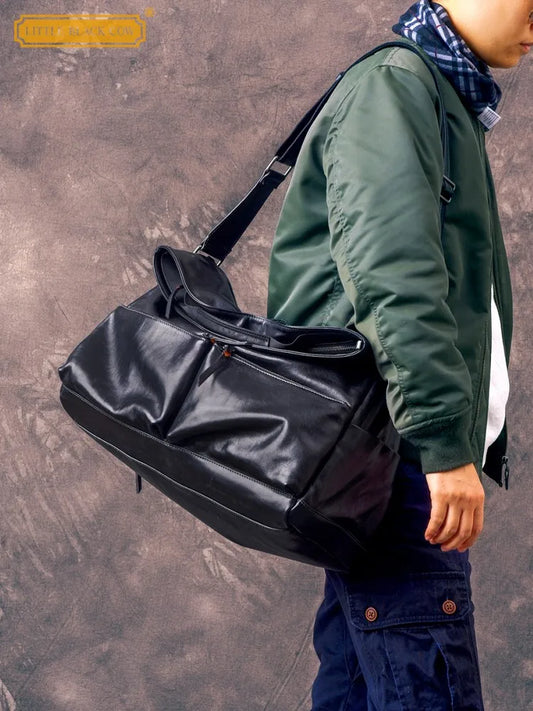 Retro Designer Men New Black Cowskin Genuine Leather Travel Bag Big Capacity Casual Tote Handbag Single Shoulder Crossbody Bag