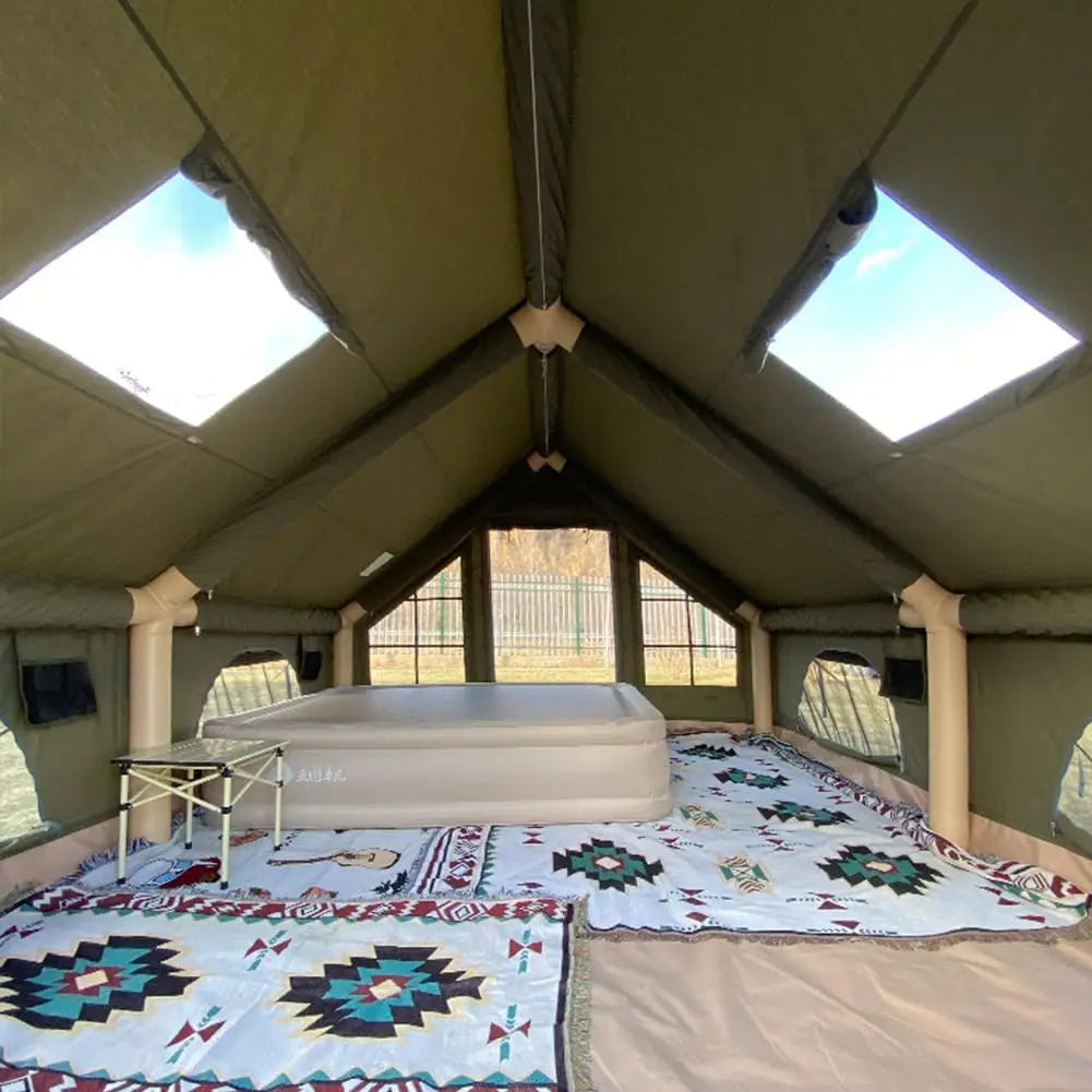 129 SqFt² Army Green Inflatable Camping Tent with Canopy,4 Season Air Tent with Tent Tarp & Moisture Proof Pad & Fire Blanket