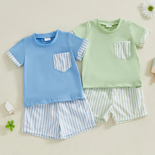 2024-11-30 Lioraitiin Toddler Baby Boy Shorts Set O-Neck Short Sleeve T-shirt Striped Elastic Waist Shorts 2Pcs Summer Outfit