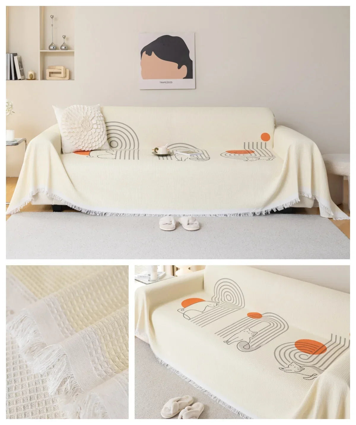 Sofa Towel Living Room Sofa Cover Solid Non Slip Washable Breathable Tassel Edge Cushion Home Decoration