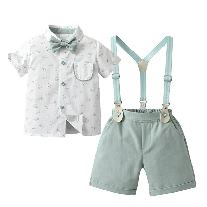 Baby Boy Clothes Set Summer Short Sleeve Shirt Bowtie +Suspenders Shorts 3pcs Kids Birthday Party Children Gentleman Suit
