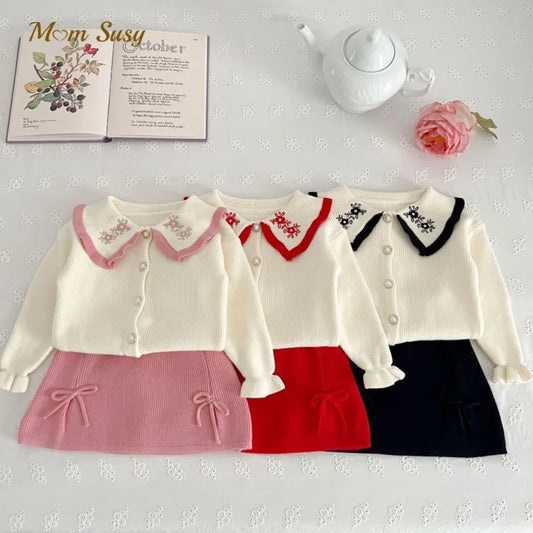 Baby Girl  Elegant Embroidery Collar Knitted Clothes Set Cardigan+Skirt Infant Toddler Child Clothing Suit Baby Clothes 1-7Y