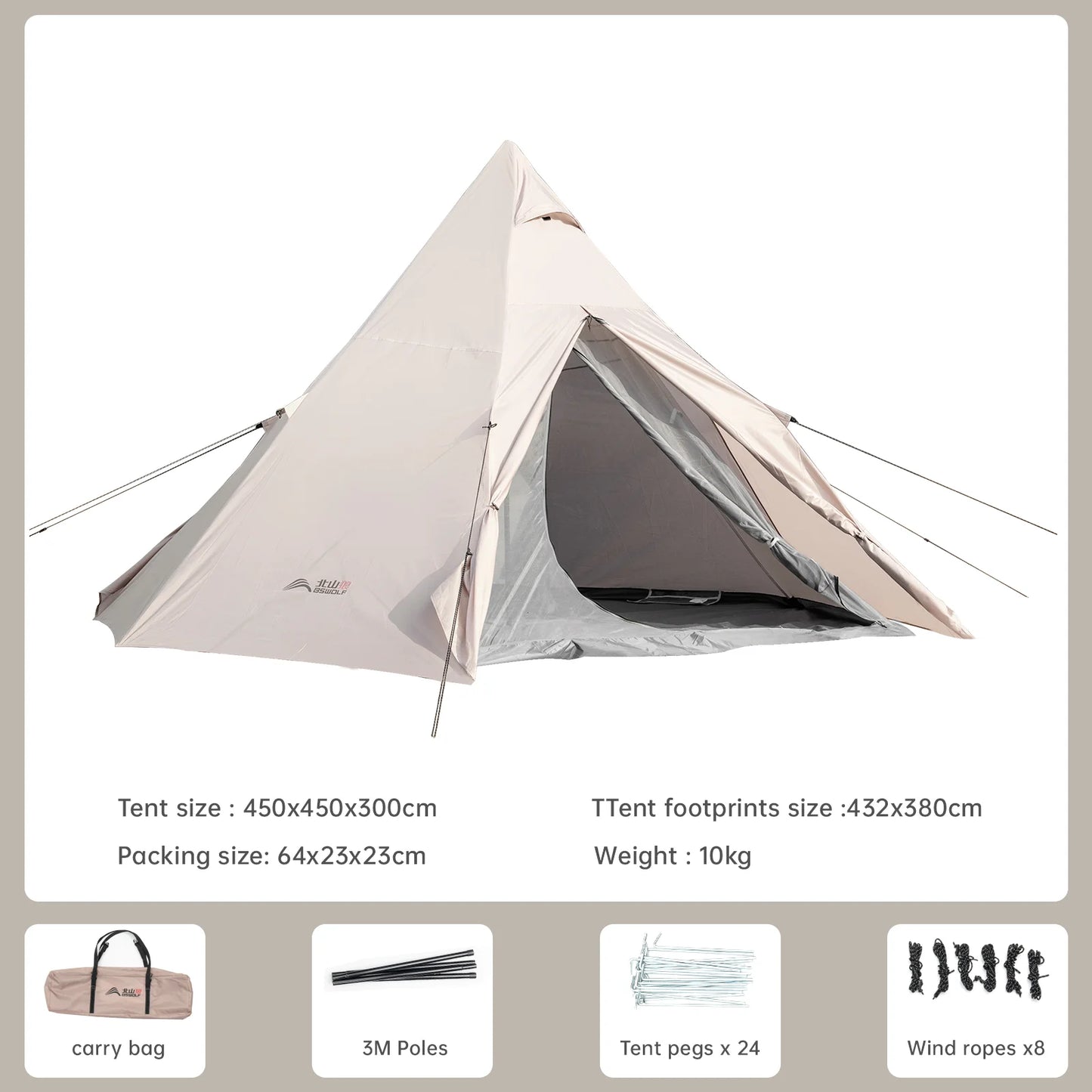 BSWolf Large Pyramid Tent Ultralight  Camping tent Large Outdoor Teepee Indian Pyramid Tent 5-8 Person