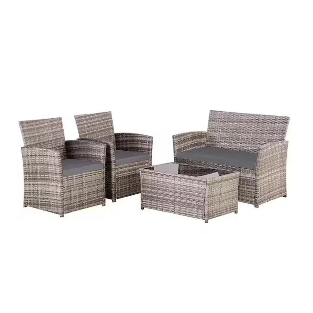 Gray 4-Piece Wicker Outdoor Patio Conversation Furniture Sofa set with Gray Cushions and Coffee Table, Apt, Porch, Yard