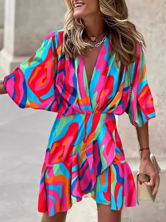 Spring Summer Women's Clothing New Sexy V-neck Fashionable Seven Inch Bat Sleeve Irregular Hem Dress Women's Clothing