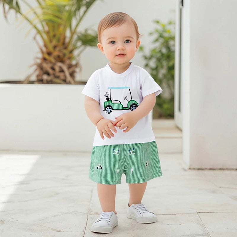 Lioraitiin Kids Boys Shorts Set Short Sleeve Embroidery Golf Cart T-shirt with Striped Shorts Toddler Set Summer Outfit