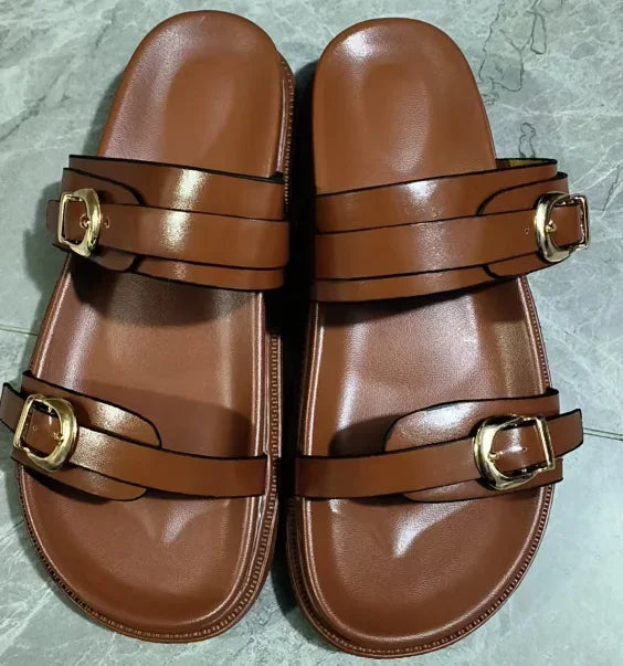 Woman Black Flat Slingback Shoes Female Summer Straps Round Toe Shoes 2025 Women's Sandals Metal Buckle Flat Sandals