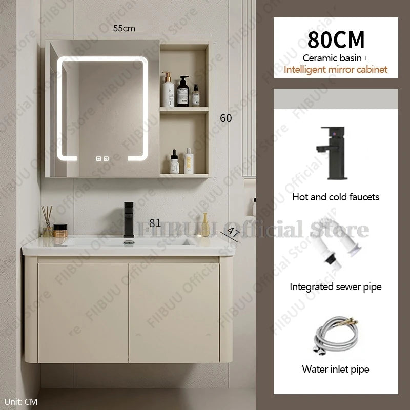 Bathroom Cabinet with Rounded Corners Ceramic Washbasin Wall-mounted Bathroom Dressing Storage Cabinet with Mirror and Faucet