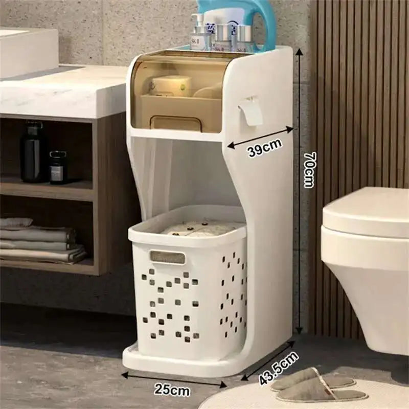 Bathroom Gap Storage Cabinet Toilet Movable Storage Rack with Drawer Bathroom cabinet Floor Shelve with Dirty Clothes Basket Z