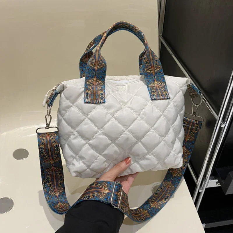Women Wide Shoulder Belt Handbag Large Capacity All-Match Shopping Tote Bag Fall/Winter Rhombus Space Cotton Shoulder Bag
