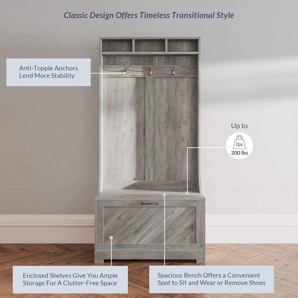 Entryway Hall Tree, Coat Rack, Storage Bench, 3-in-1 Design, Freestanding Shoe Rack - Hilo (Gray Wash)