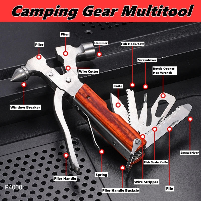 Camping Gear Multitool,Survival Gear for Outdoor Hunting Hiking, Emergency Escape Tool with Axe,Hammer,Plier,Knife,Bottle Opener