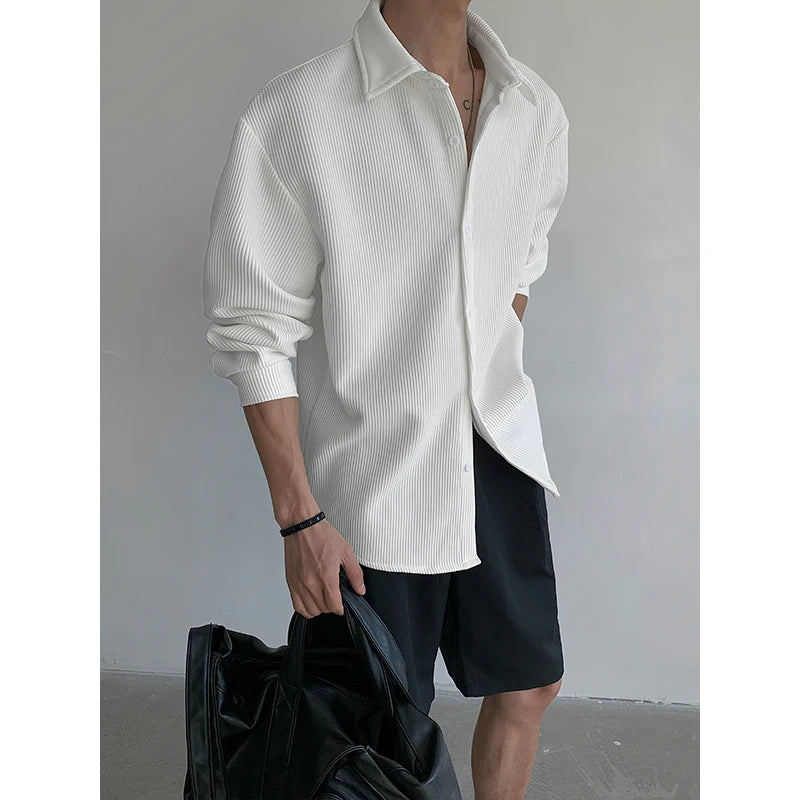 Autumn Men's Clothing Light Luxury Pleated Shirt Leisure Long Sleeve Drapped Solid Color Loose Basic Business Casual Shirts Men