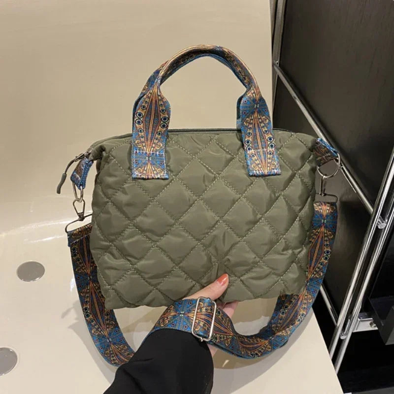 Women Wide Shoulder Belt Handbag Large Capacity All-Match Shopping Tote Bag Fall/Winter Rhombus Space Cotton Shoulder Bag