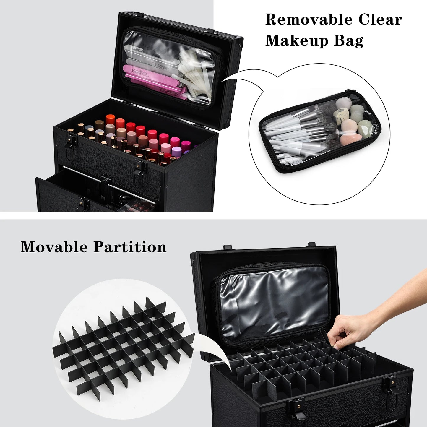 Professional 3 in 1 Rolling Makeup Case on Wheels 2 Large Drawer Nail Trolley Traveling Cosmetic Train Case with Makeup Pouch