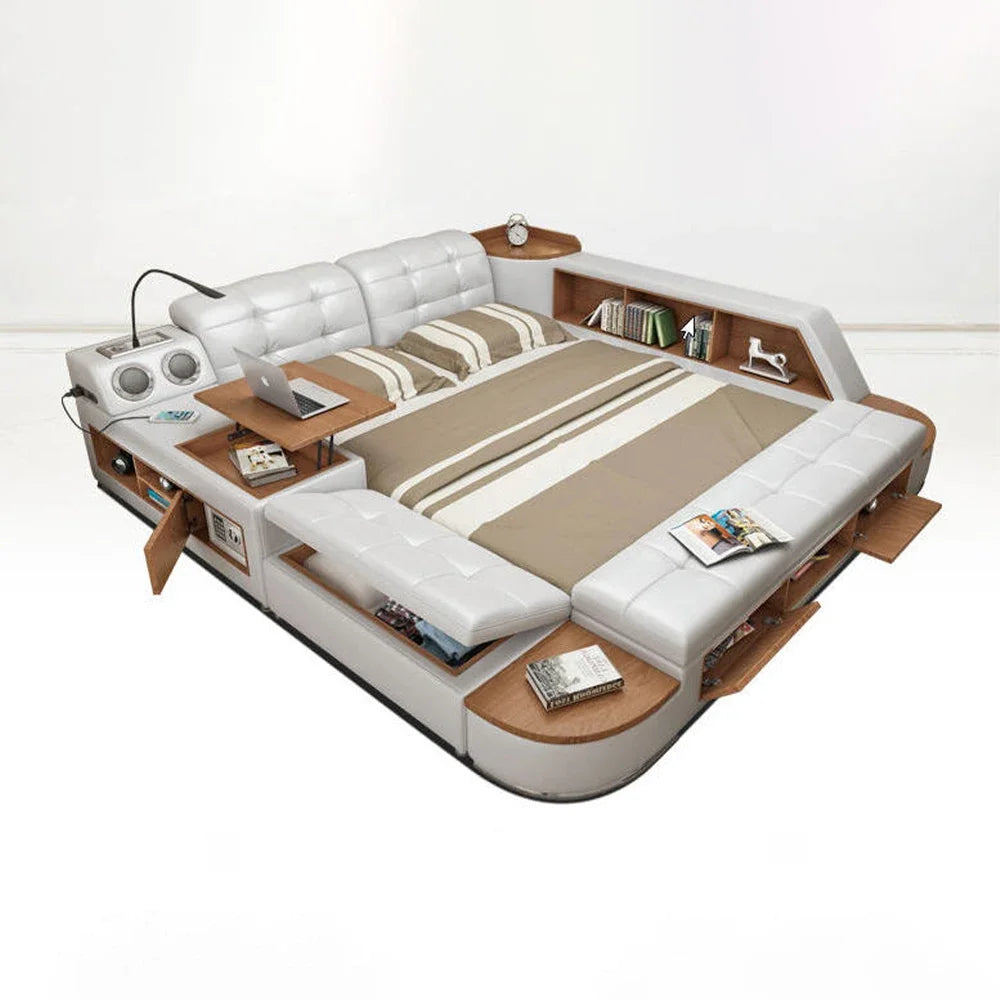 MINGDIBAO Tech Smart Bed Frame | Cloth Multifunctional Ultimate Bed with Tatami, USB and Speaker |  Fabric Upholstered Camas