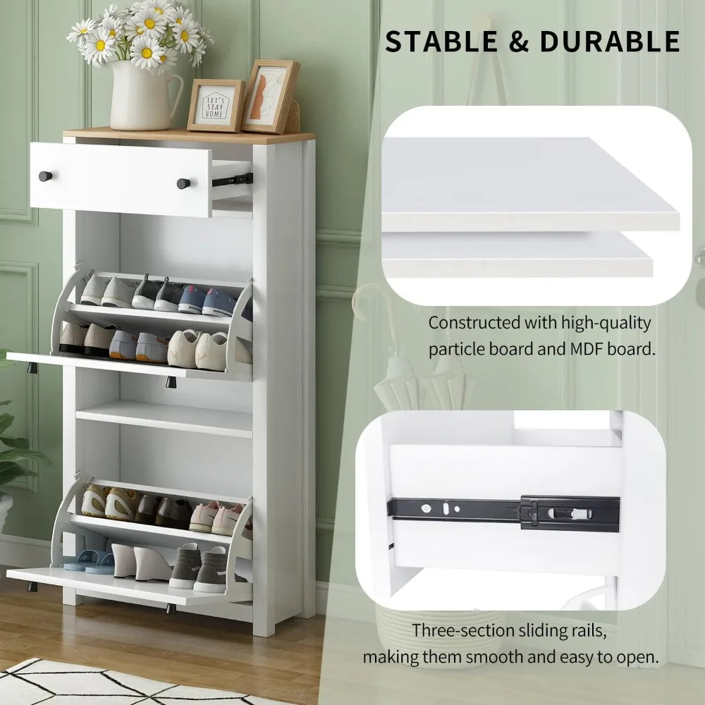 White Shoe Cabinet for Entryway, Slim Shoe Storage Cabinet, Shoe Storage Cabinet with 2 Flip Drawers, Freestanding Organizer Cab