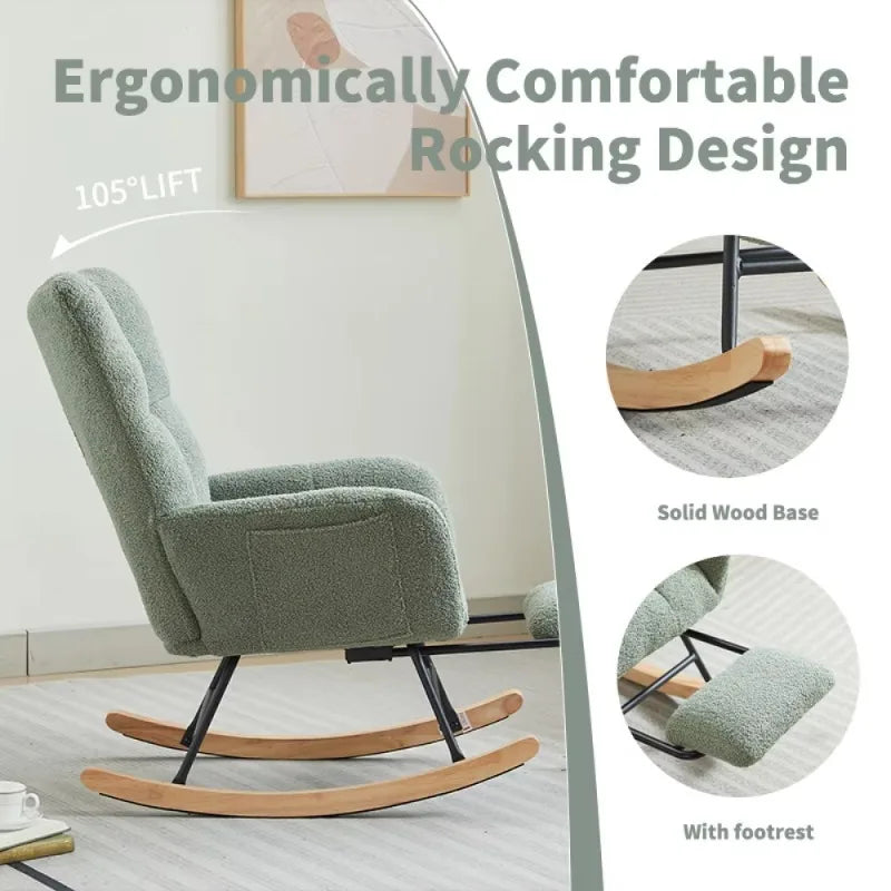 Modern Rocking Upholstered Glider Chair with High Backrest Rocker Accent Armchair with Solid Wood Legs Bedroom Living Room Chair