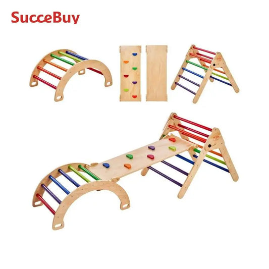 SucceBuy Pikler Triangle Set 5 in 1Toddler Climbing Toys Indoor Playground for Toddlers 1-3 Years Large Size Wooden Climbing Set
