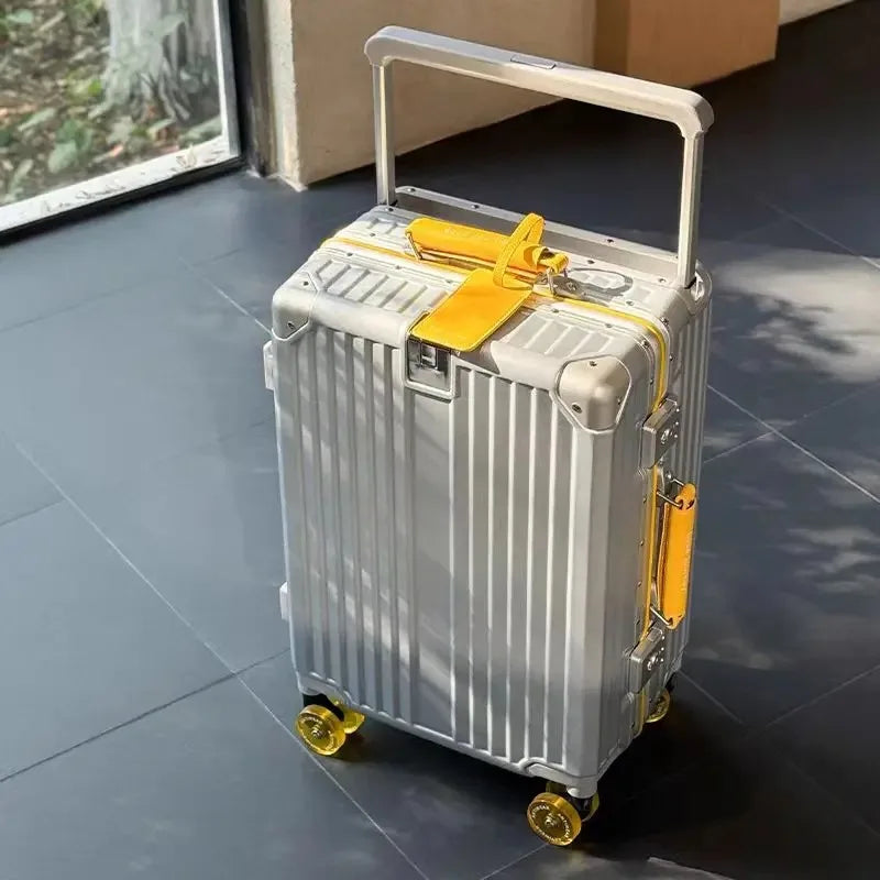 New Aluminum Frame Wide Handlebar Rolling Luggage Large Capacity Trolley Suitcase with Colorful Silent Spinner Wheels TSA Lock
