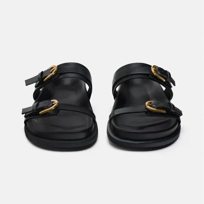Woman Black Flat Slingback Shoes Female Summer Straps Round Toe Shoes 2025 Women's Sandals Metal Buckle Flat Sandals