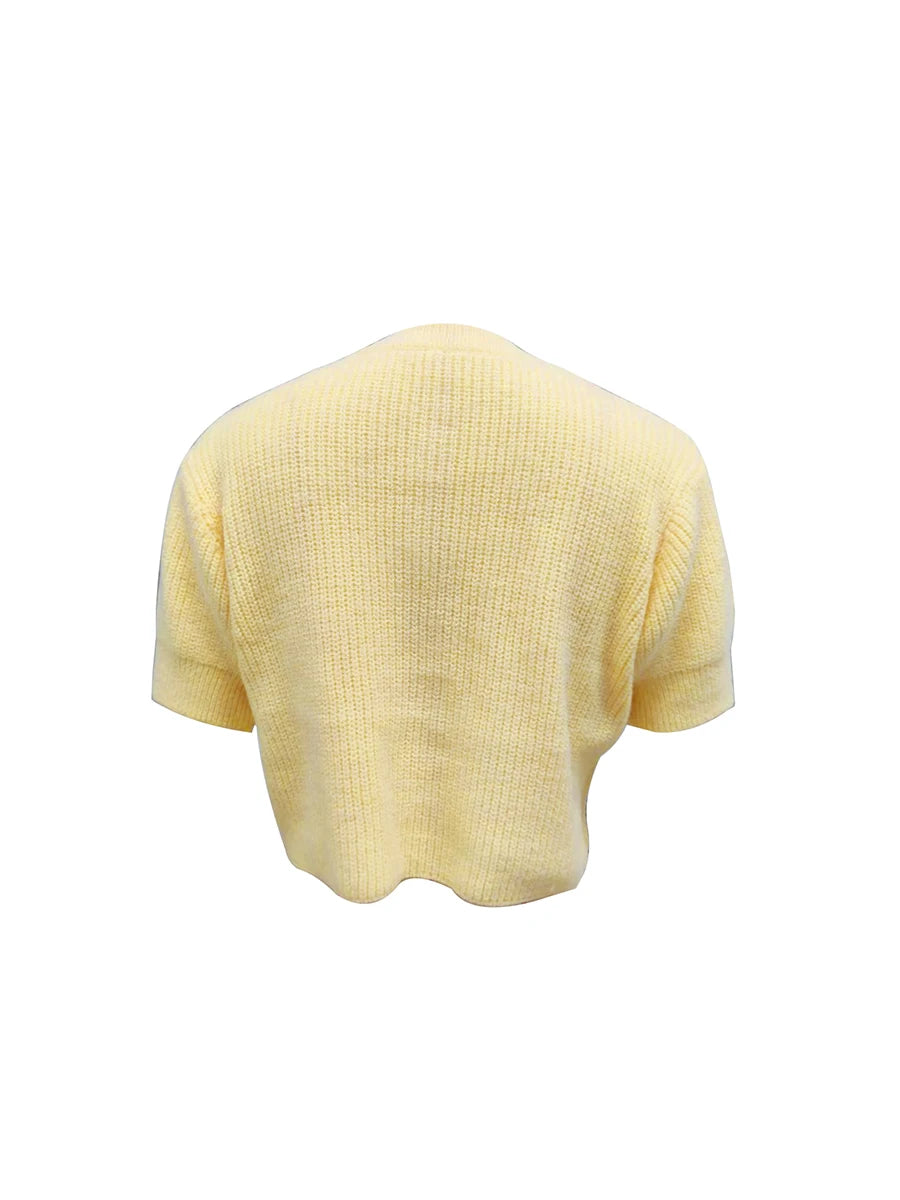 Women s V-Neck Button Down Knit Cardigan Sweater Solid Color Ribbed Loose Fit Short Sleeve Cropped Pullover Top