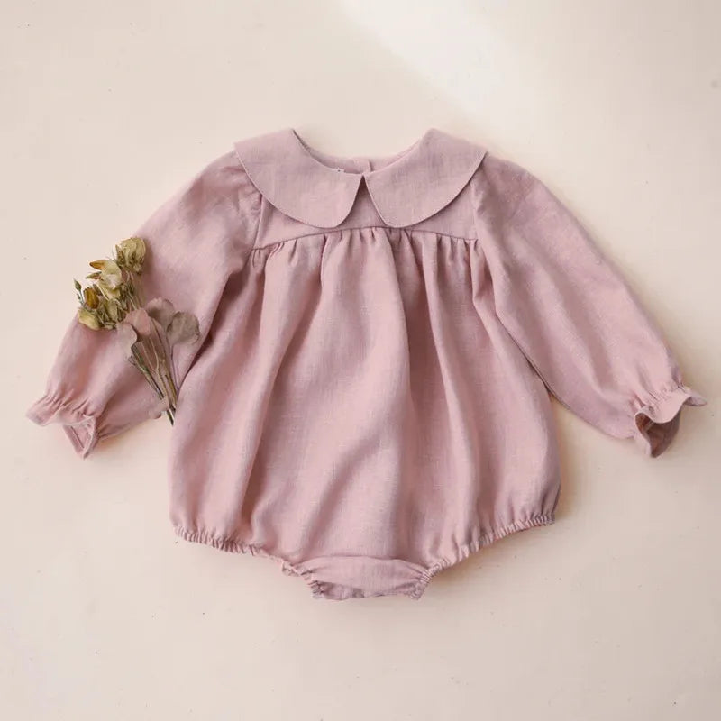 Baby Girl Clothes Solid Color Long Sleeve Baby Clothing Jumpsuits 0-24M 100% Cotton Linen Newborn Baby Girl Rompers