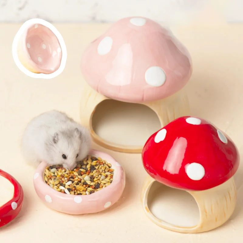 2023 Cute Ceramic Mushroom House Pet Items Hamster Cage Small Pet Bowl For Rabbit Ferret Rat Chinchilla Hedgehog Pet Products