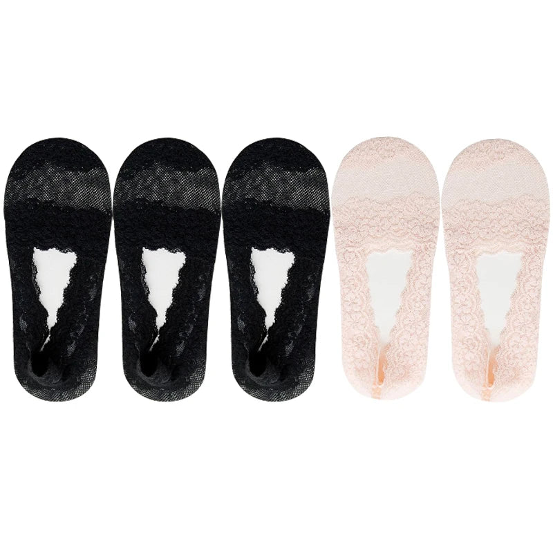 5 Pairs Socks Women's Lace Invisible Short No-Show Ankle Foot Summer Cotton Transparent White Low Cut Boat Sock
