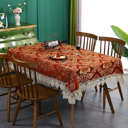 Tablecloth Table Jacquard Chinese Red Embroidered Dining Table Cover Rectangle Table Cloth Flower Lace Bedside TV Cabinet Dust