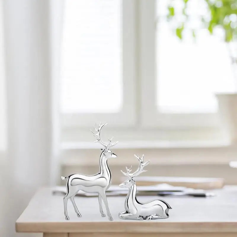 Silver Deer 2PCS Electroplated Silver Deer Figurine Handicraft Piece Resin Sculpture Christmas Center Table Decorations