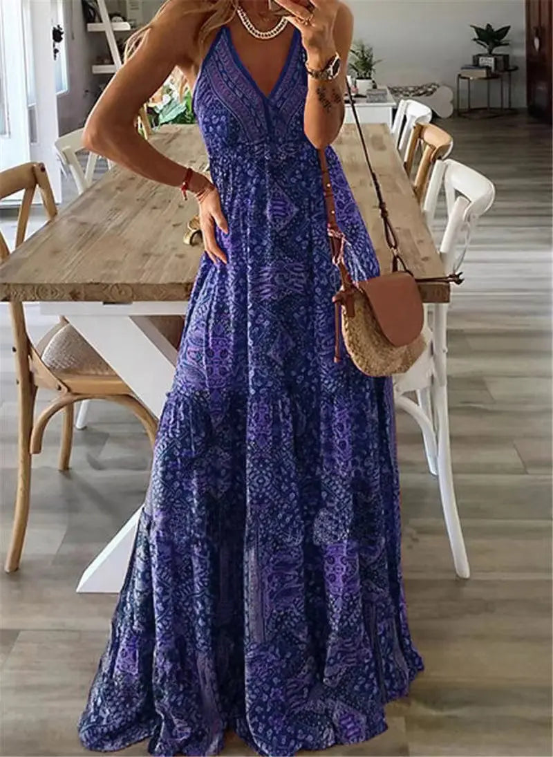 Bohemian Style Women's Clothing Long Dress New  Suspender Long Dress High Waist V-neck Printed Floral Dress Women's Clothing