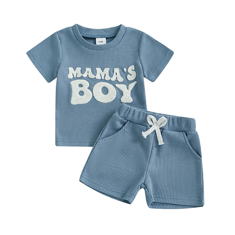 Toddler Baby Boy Summer Outfit Letter Embroidery Short Sleeve T-shirt Solid Shorts Waffle Knit Set