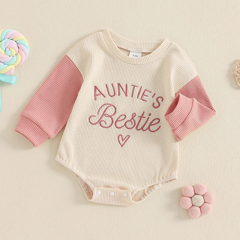 Newborn Baby Girl Clothes Long Sleeve Aunties Bestie Embroidery Romper Waffle Bodysuit Shirt Fall Outfits