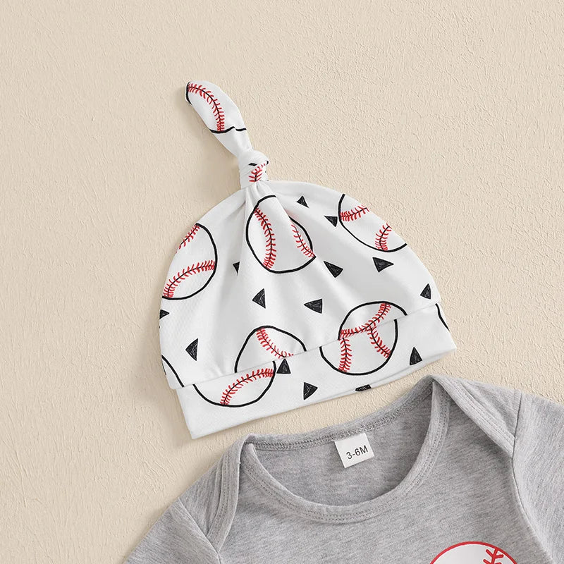 2024-12-24 Lioraitiin Baby Boy Summer Outfits Short Sleeve Round Neck Romper with Baseball Print Pants and Hat 3 Pcs Set