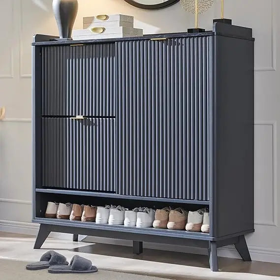 Fluted Shoe Storage Cabinet with 2 Flip Drawers & Sliding Door, 4-Tier Adjustable Shelves, 47" Wide Large Shoe Organizer, Woode