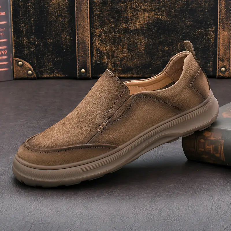 LIHUAMAO thick outsole cow leather Slip On Loafers Men Shoes Casual Walking Sneakers outdoor work shoes footwear