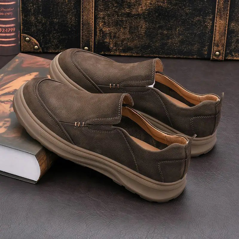 LIHUAMAO thick outsole cow leather Slip On Loafers Men Shoes Casual Walking Sneakers outdoor work shoes footwear