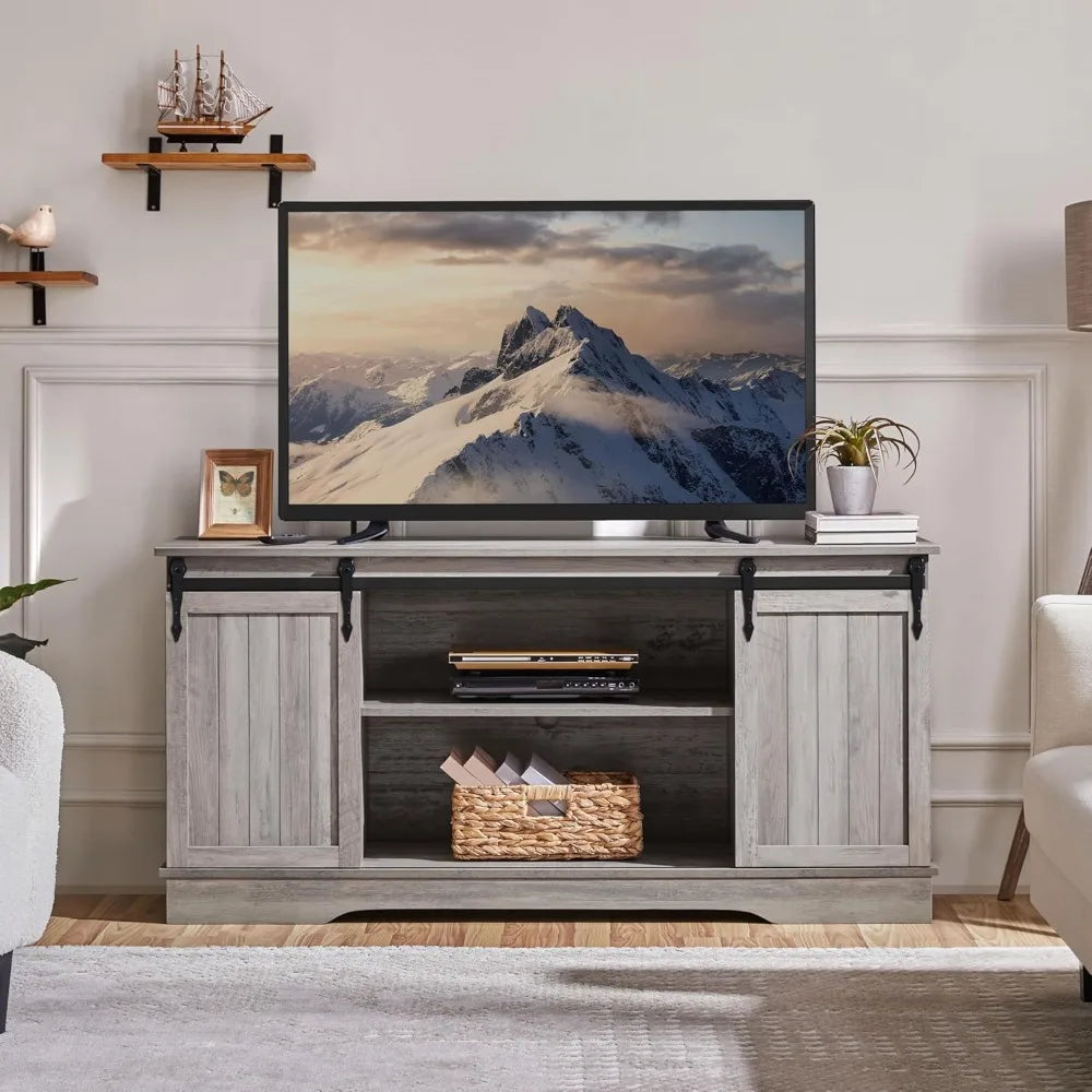 Farmhouse TV Stand for 65'' TV, Tall Entertainment Center with Storage, TV Console for Living Room with Sliding Barn Door