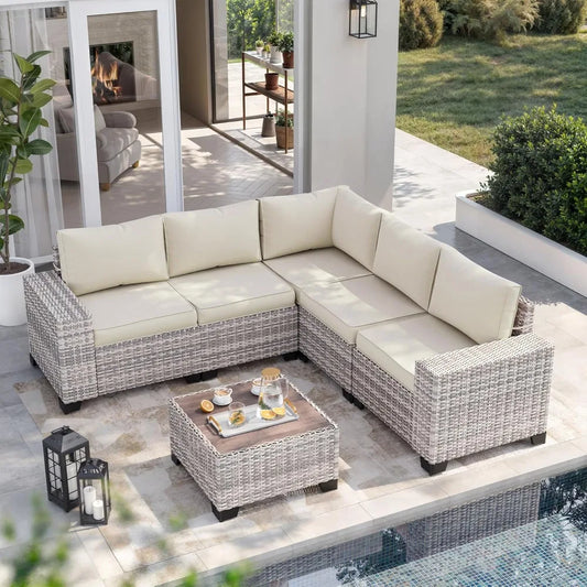 6-Piece Outdoor Patio Furniture Set Wicker Sectional Sofa Set, Patio Conversation Set with Thickened Cushions & Coffee Table