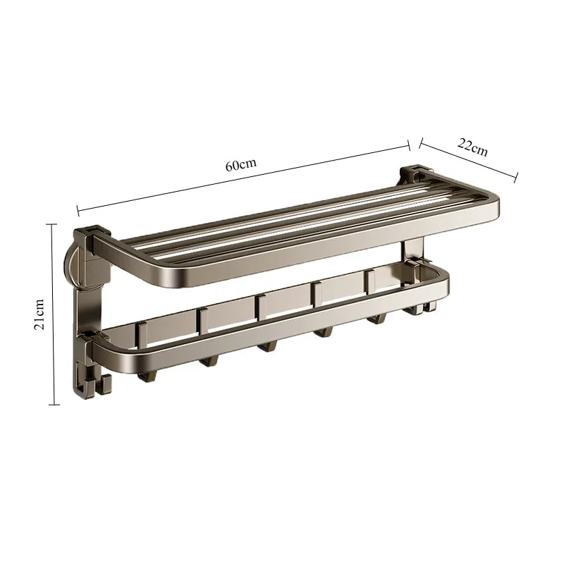 Bathroom Suction Cup Towel Rack, Wall Mounted Foldable Storage Rack, Non Perforated Aluminum Alloy Storage Bracket with Hooks