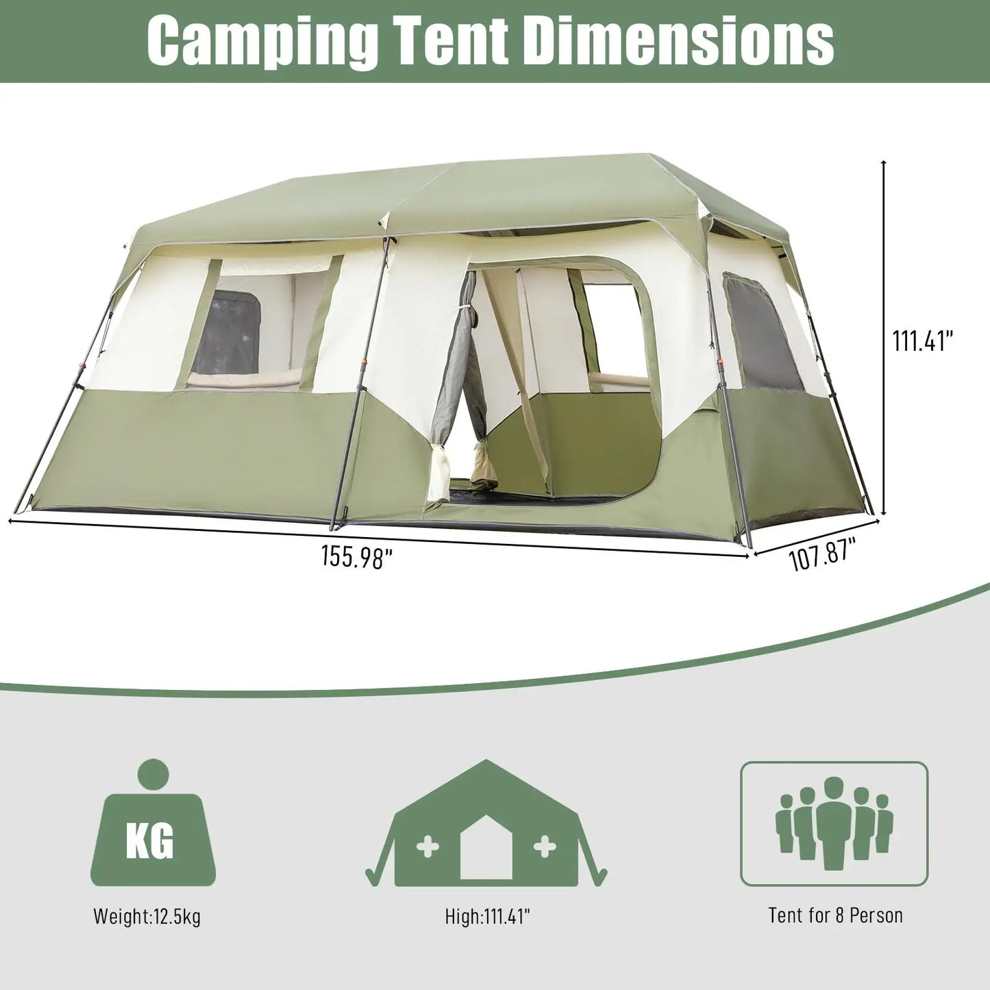 8-Person Instant Camping Tent with Rainfly & Windproof Feature, Quick Setup in 60 Seconds - for family Hiking Gear with Carry