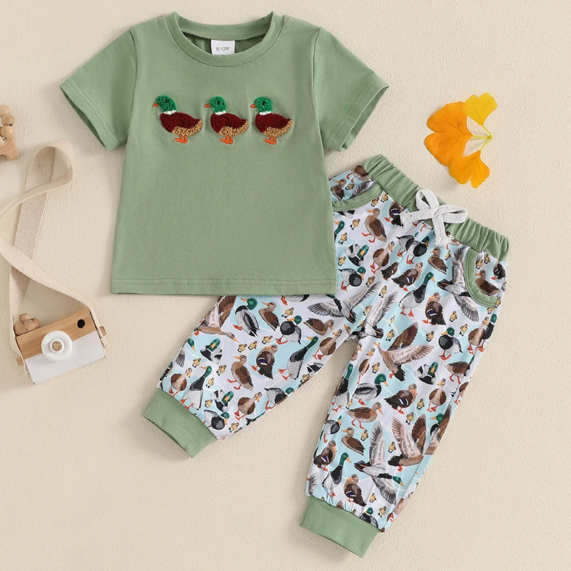 2024-11-11 Lioraitiin 0-3Y Cute Baby Boys Outfit Summer Duck Embroidery Short Sleeve T-Shirt and Elastic Pants Set