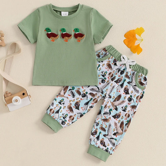 2024-11-11 Lioraitiin 0-3Y Cute Baby Boys Outfit Summer Duck Embroidery Short Sleeve T-Shirt and Elastic Pants Set
