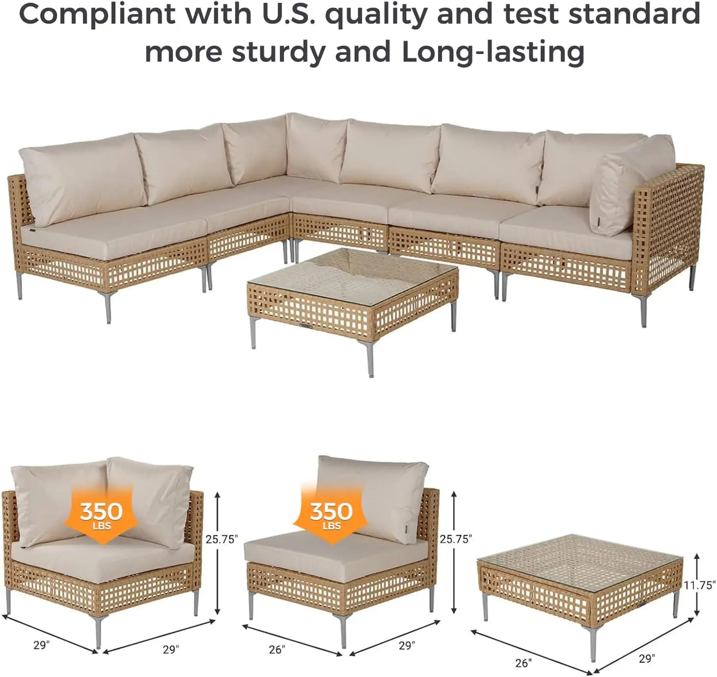 patio 7-Piece Wicker Patio Furniture Set, Boho Outdoor Conversation Set Sectional Sofa with Water Resistant Thick Cushions