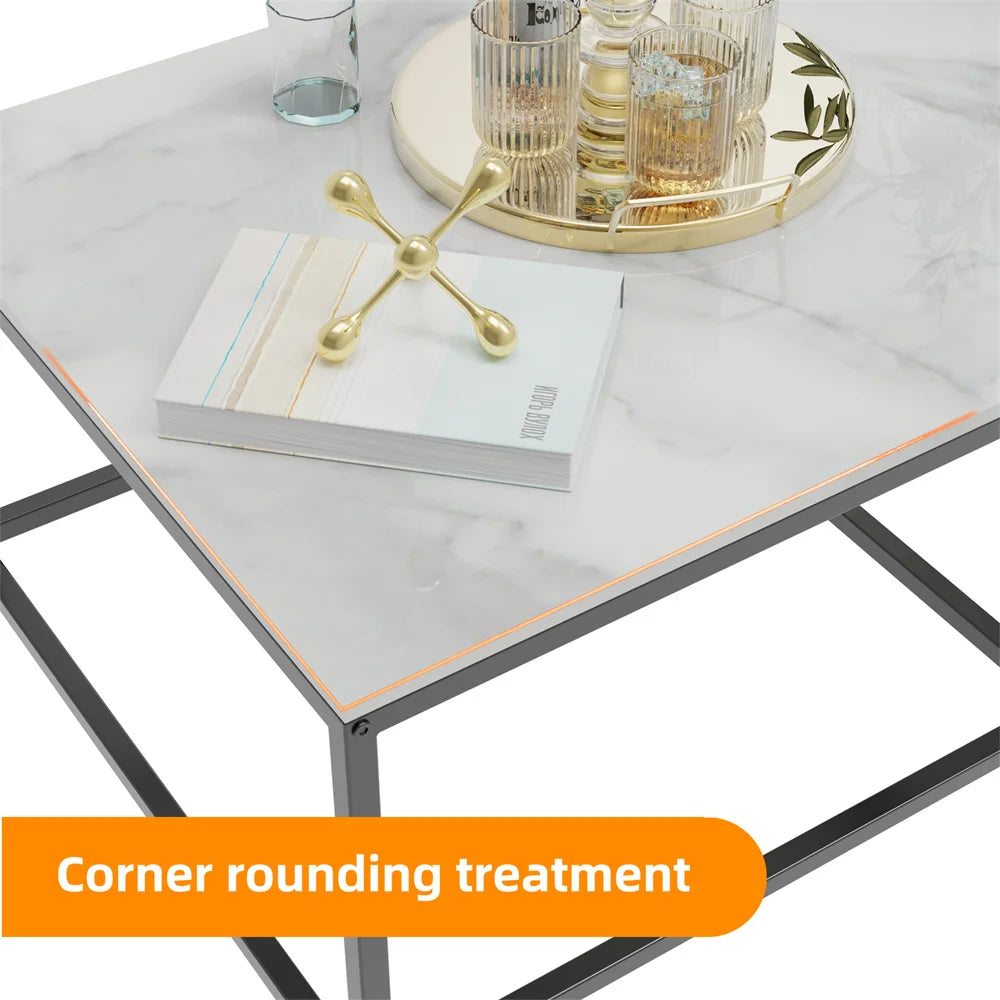 LUVODI Rectangle White Nesting Coffee Table Set Living Room Black Stack-able Accent Tables with Marble Tabletop